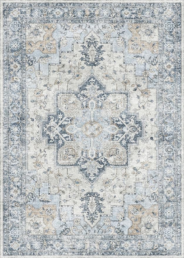 GENIMO 9x12 Area Rugs for Living Room, Machine Washable Non Slip Vintage Rugs, Low Pile Lightweight Chenille Print Rug for Bedroom, Dining Room, Home Office, Blue