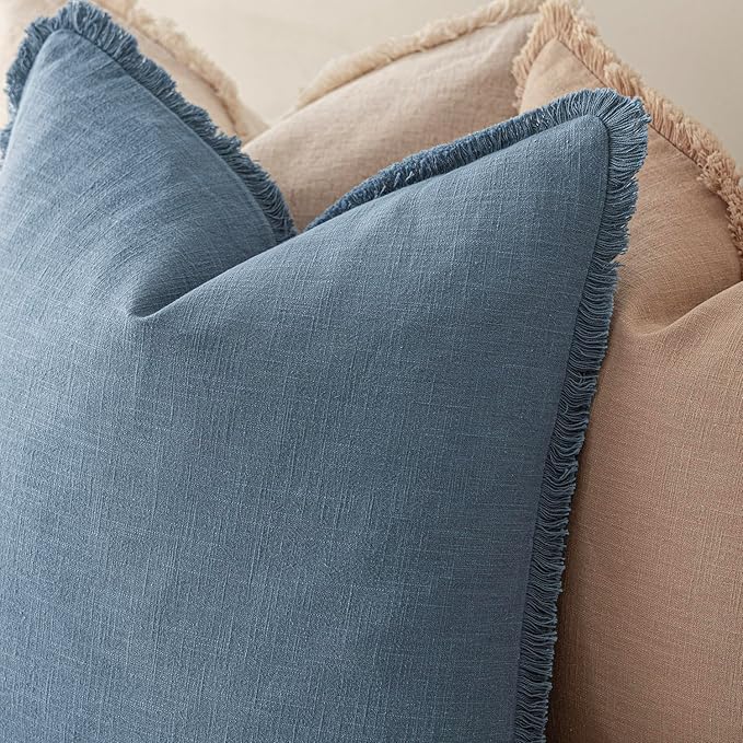 Foindtower Set of 2 Decorative Linen Fringe Throw Pillow Covers Cozy Boho Farmhouse Cushion Cover with Tassels Soft Accent Pillowcase for Couch Sofa Bed Living Room Home Decor, 26×26 Inch, Misty Blue