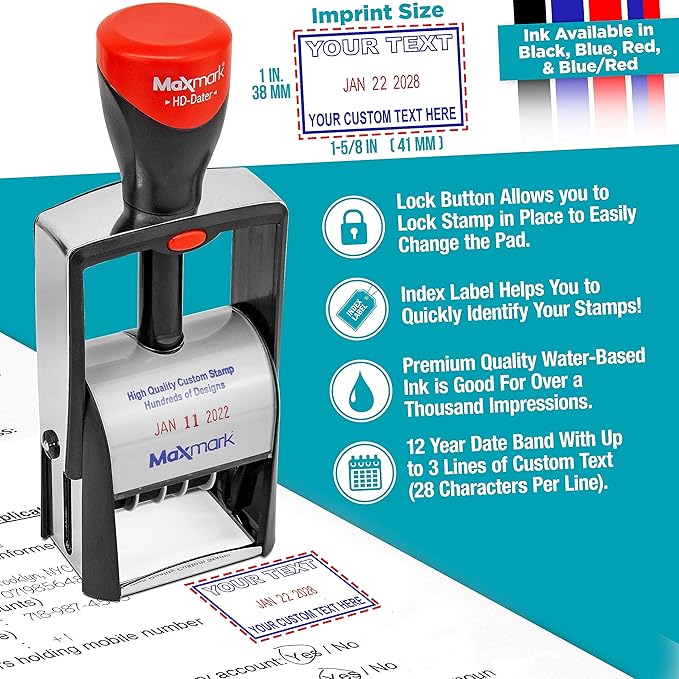MaxMark Heavy Duty Self Inking Date Stamp with Phrase Deposited - Red Ink