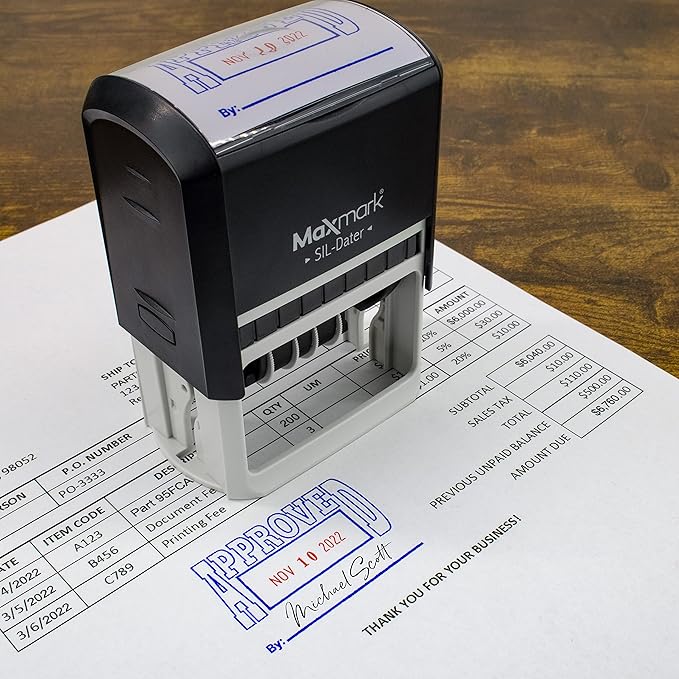 MaxMark Large Self-Inking Rubber Date Office Stamp with Posted Phrase & Date - Red Ink, 12-Year Band - Style 3