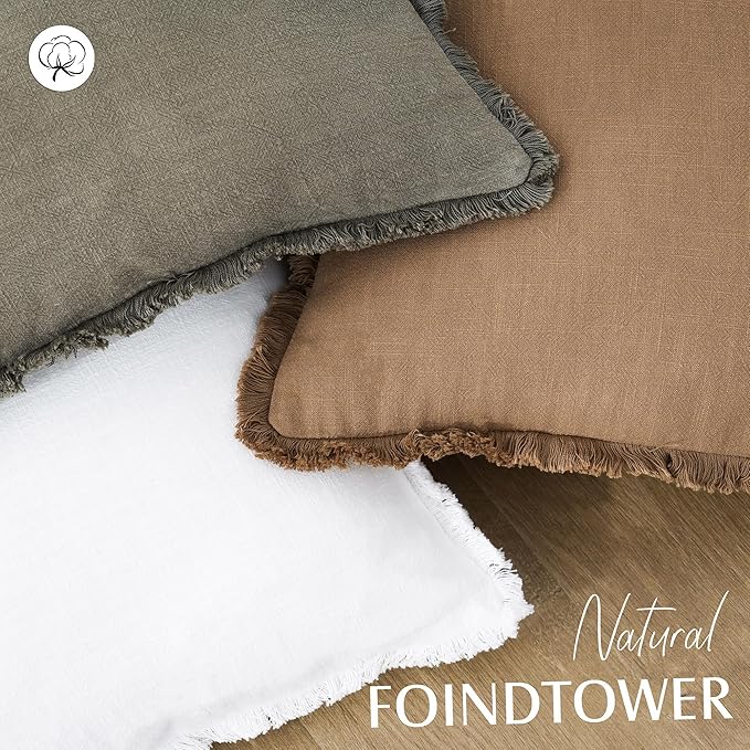 Foindtower Set of 2 Decorative Linen Fringe Throw Pillow Covers Cozy Farmhouse Boho Cushion Cover with Tassels Soft Accent Pillowcase for Couch Sofa Bed Living Room Home Decor 20×20 Inch Khaki Brown