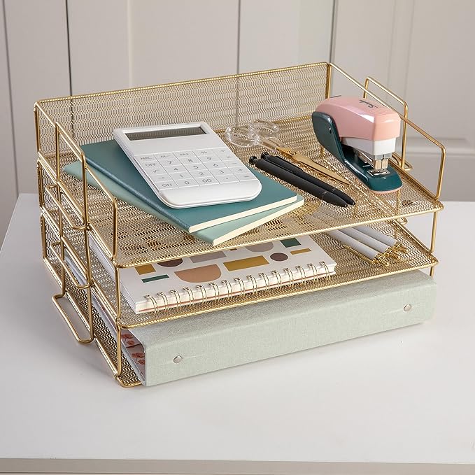 Martha Stewart Ryder 3 Tier Desk Letter Tray Organizer, Stackable Steel Mesh Inbox Tray for Files, Papers, or Letters, Gold