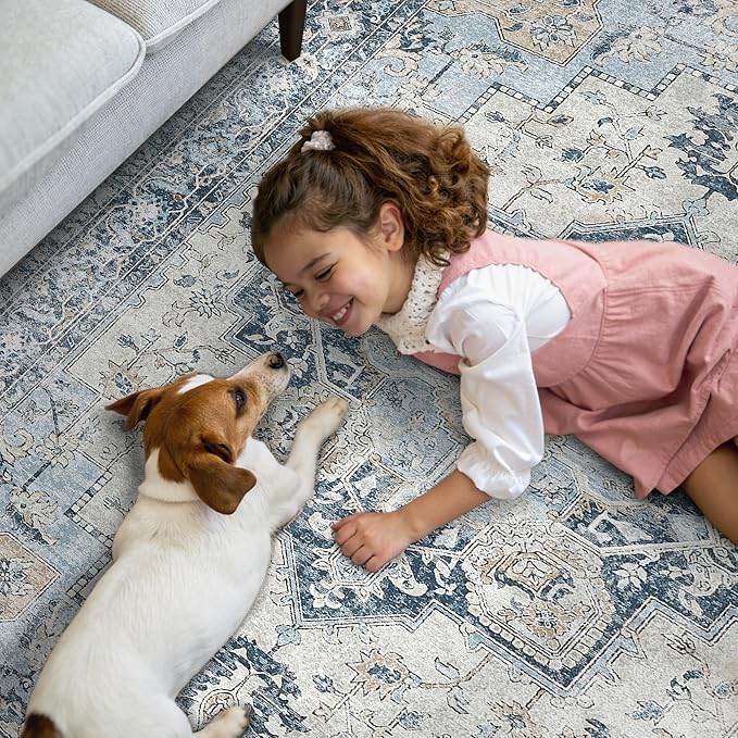 GENIMO Runner Rug 2'6"x6, Non Slip Vintage Hallway Runner Rugs, Low Pile Lightweight Machine Washable Mat for Hallway, Entryway, Bedroom, Kitchen and Corridor, Blue