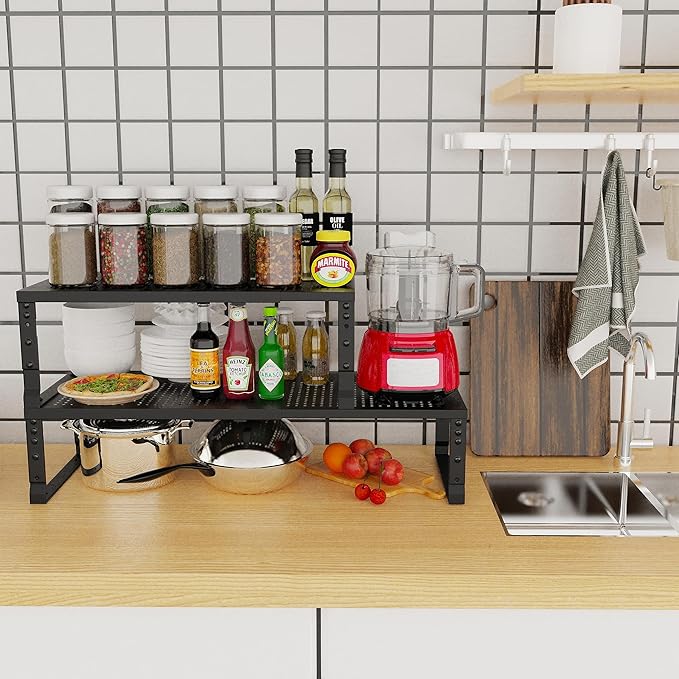 Jojocross Expandable Adjustable Stackable Kitchen Organizer, Spice Rack,Metal Pantry Storage Shelves Racks,Counter Shelf for Cabinets, Countertop, Cupboard(1 Pack/Large/Black)