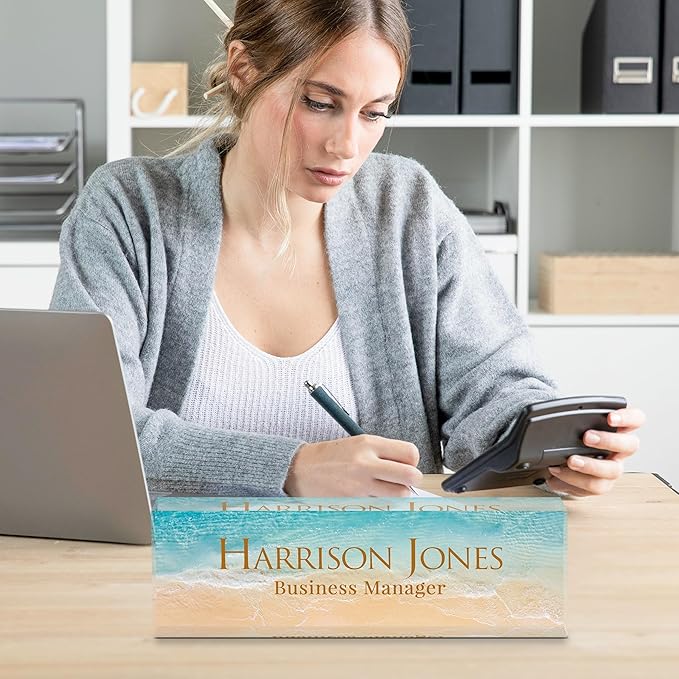 Personalized Name Plate for Desk, Custom Desk Name Plate, Acrylic Name Plate Office Desk Accessories, Personalized Office Gifts for Coworkers Teachers, Employee Appreciation Gifts (B-Beach)