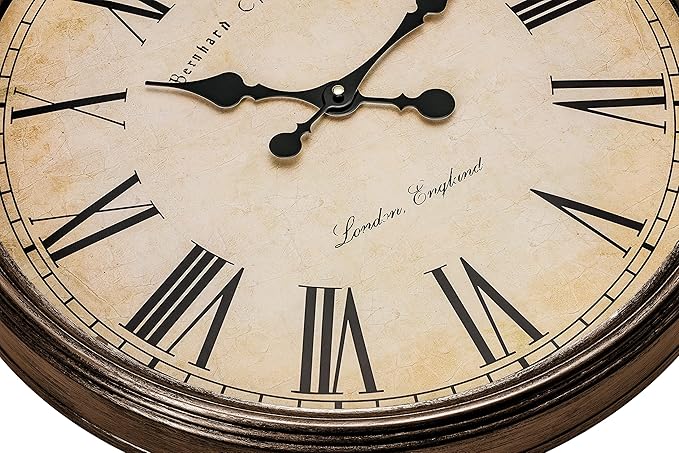 Bernhard Products Large Decorative Wall Clock 20 Inch Silent Non Ticking Battery Operated Quartz Vintage Stylish with Rustic Dark Brown Rim for Home Living/Dining Room Kitchen & Over Fireplace