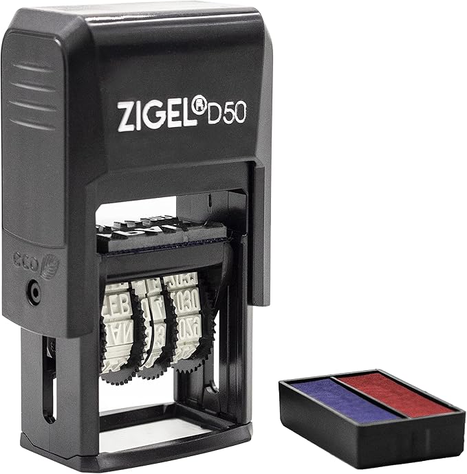 ZIGEL D50 Date Stamp with Phrase - Self Inking Date Stamp - Black (Blue/Red, Approved)
