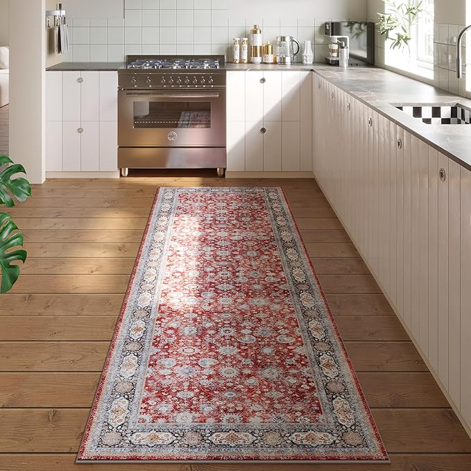 Rugcomf Runner Rug 2'x6' Hallway Rug Washable Boho Soft Area Rug Non-Slip Non-Shedding Faux Wool Vintage for Kitchen, Entryway, Laundry, Bedroom, Indoor (Red)