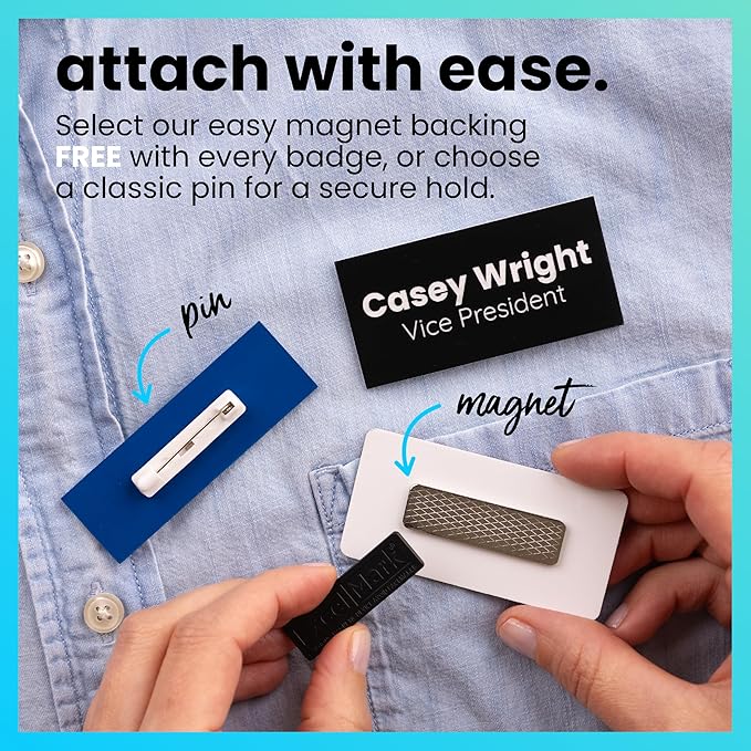 ExcelMark Custom Name Tag - Engraved Name Badge with Pin or Magnetic Backing, 16 Colors, 6 Fonts, and 2 Sizes to Choose from (Black w/Silver Letters, 1.5"x 3")