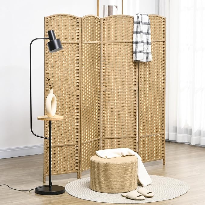 HOMCOM Room Divider, 4 Panel Folding Privacy Screen, 5.6' Tall Freestanding Wall Partition for Home Office, Bedroom, Nature Wood