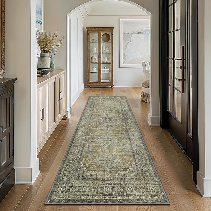 GENIMO Runner Rug 2x10 Non Slip Machine Washable Vintage Hallway Runner Rugs, Low Pile Lightweight Mat for Living Room, Entryway, Bedroom, Kitchen and Corridor, Distressed Sage