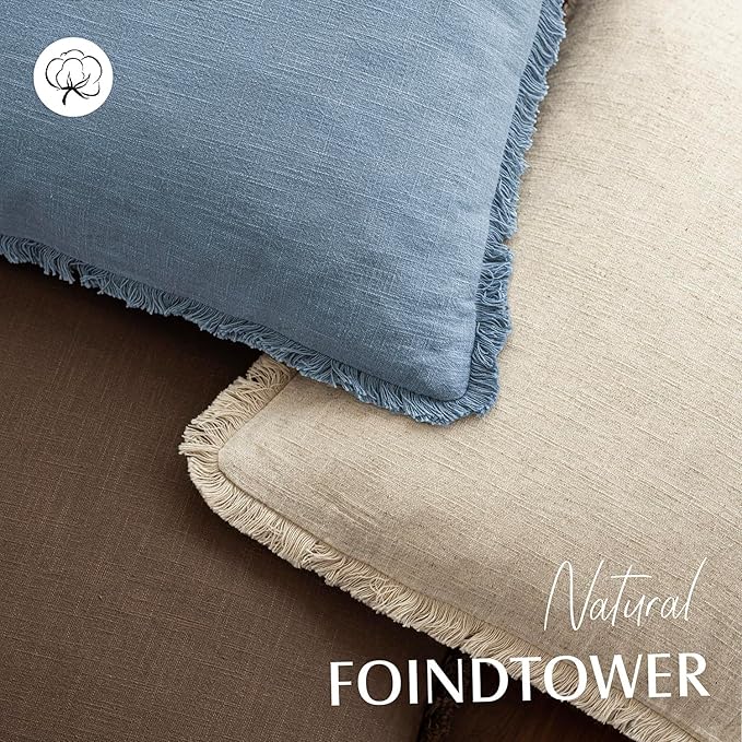 Foindtower Set of 2 Decorative Linen Fringe Throw Pillow Covers Cozy Boho Farmhouse Cushion Cover with Tassels Soft Accent Pillowcase for Couch Sofa Bed Living Room Home Decor, 16×16 Inch, Misty Blue