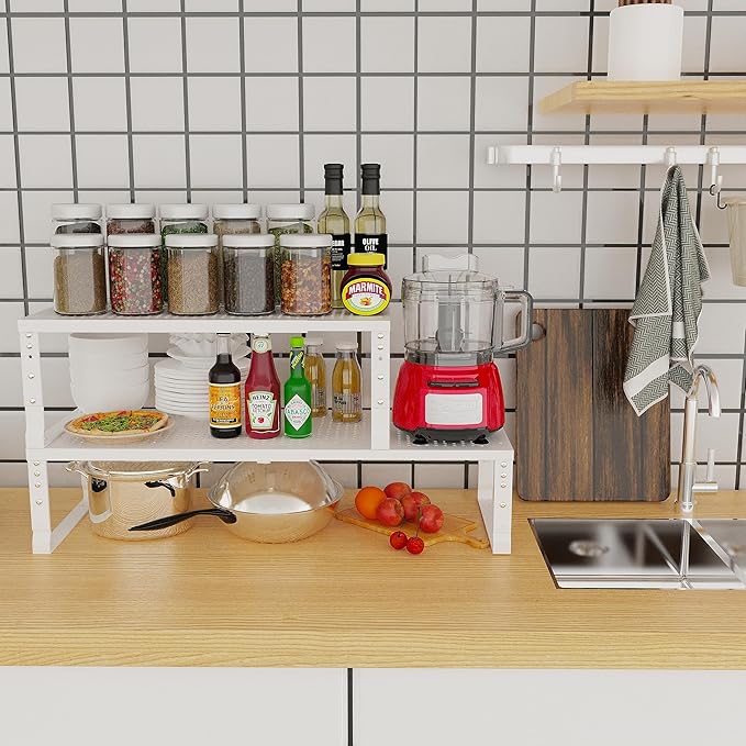 Jojocross Expandable Adjustable Stackable Kitchen Organizer, Spice Rack,Metal Pantry Storage Shelves Racks,Counter Shelf for Cabinets, Countertop, Cupboard(2 Packs/Large/White)