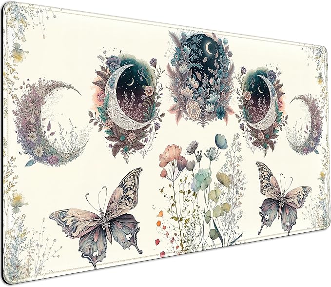 Beige Flowers Desk Mat Mousepad Cute Boho Plants Large Extended Gaming Mouse Pad XXL 31.5x15.75 in, Aesthetics Floar Butterfly Moon Laptop Keyboard and Mouse Mat for Women Office Gamer Girl Decor